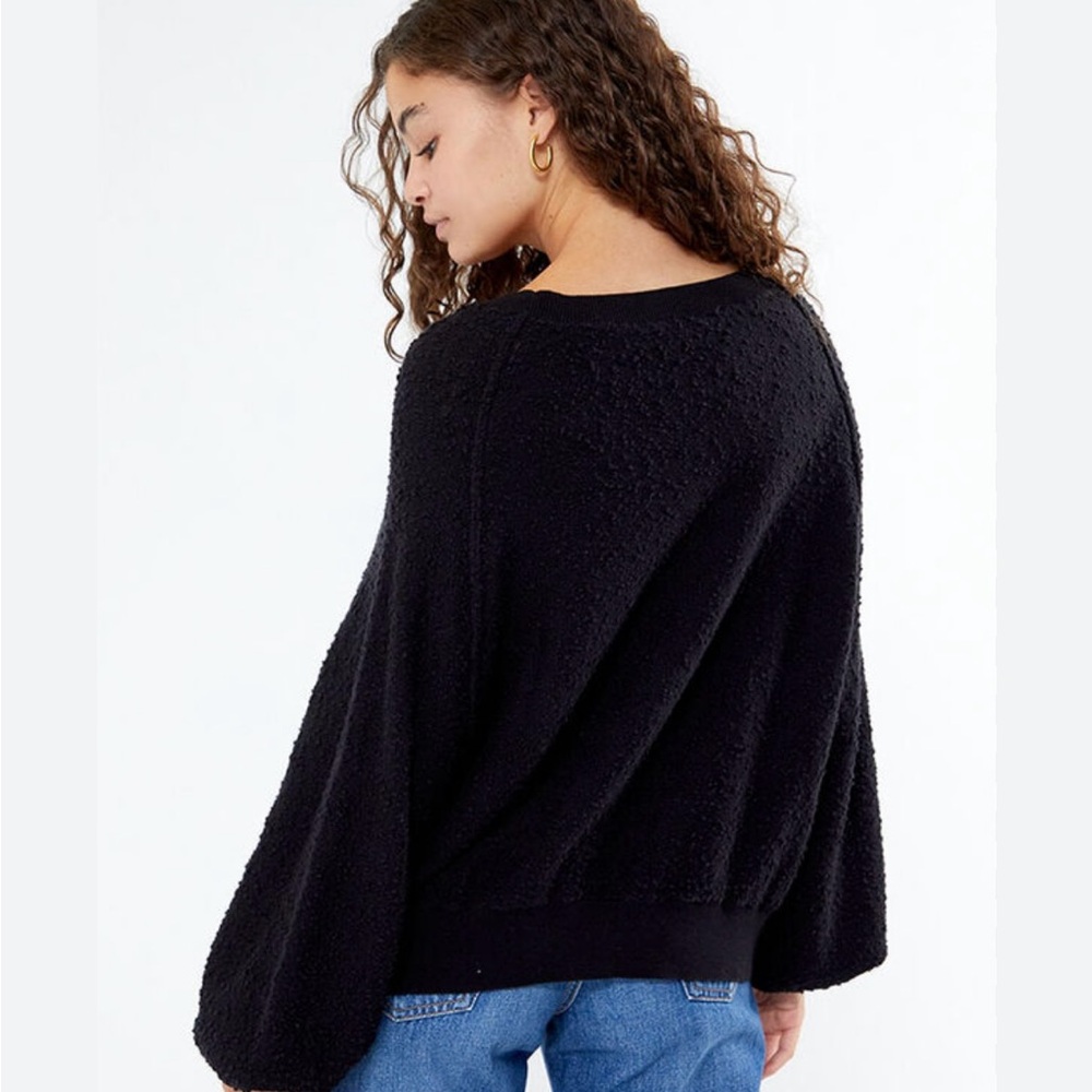 Free People Black Textured Balloon-Sleeve Pullover Sweater